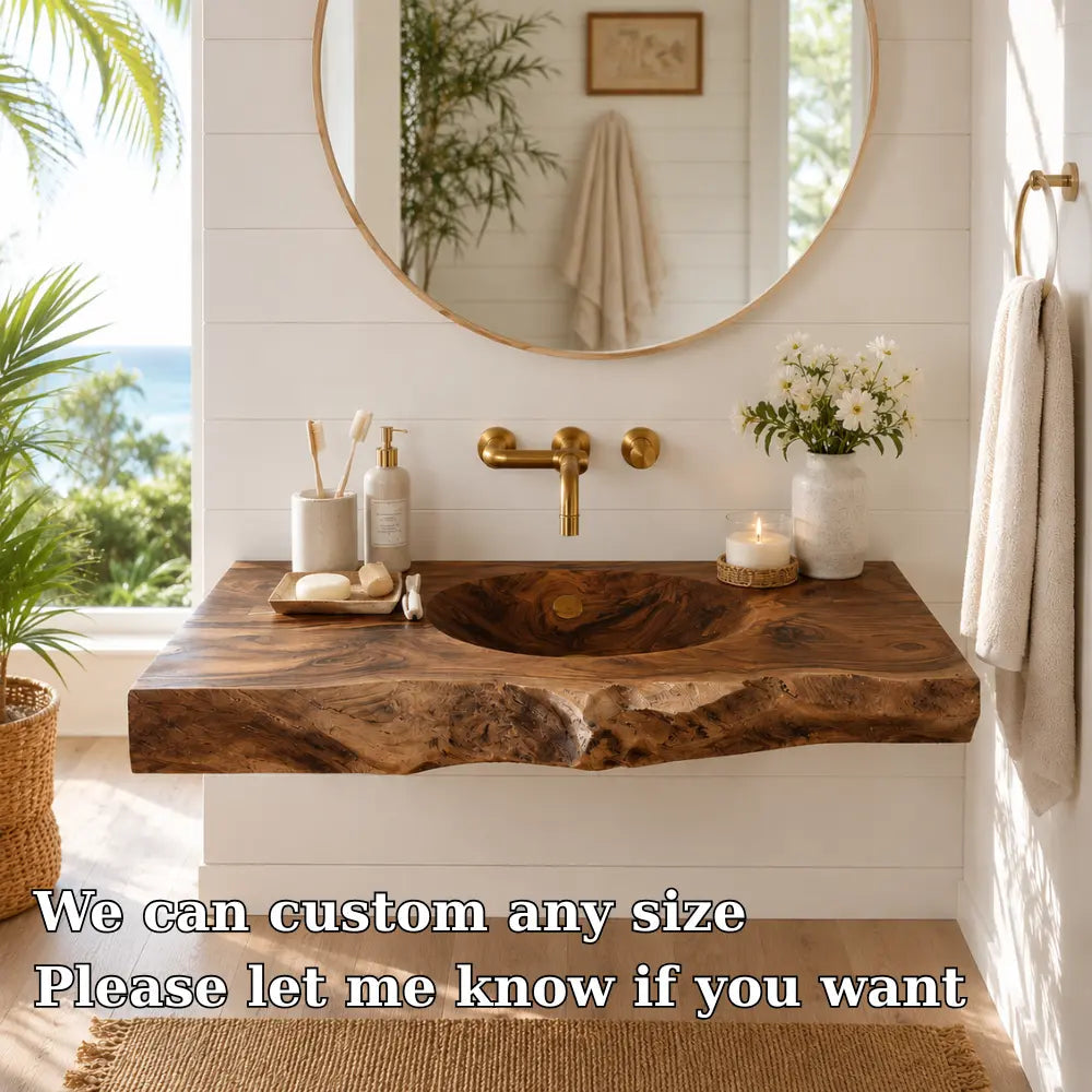 Live Edge Wood Sink Vanity | Solid Wood Floating Vanity with Carved Sink Kitchnce