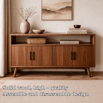 Solid Wood Console Cabinet with Open Shelf and 4 Doors – Modern Storage Sideboard