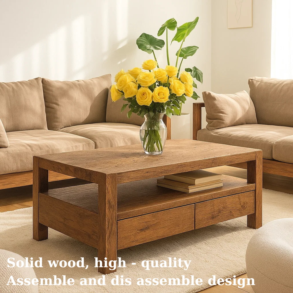 Handcrafted Solid Wood Coffee Table – Modern Rustic Center Table with Drawers and Open Shelf for Minimalist Living Room Décor Kitchnce