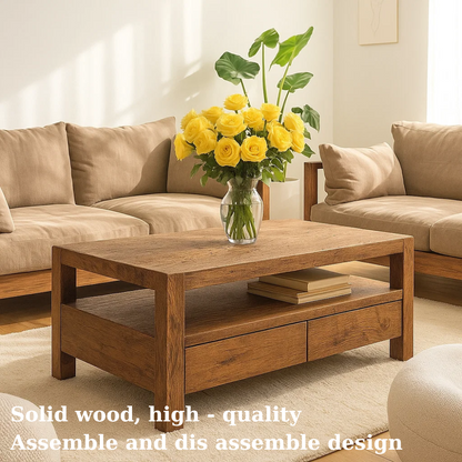 Handcrafted Solid Wood Coffee Table – Modern Rustic Center Table with Drawers and Open Shelf for Minimalist Living Room Décor Kitchnce