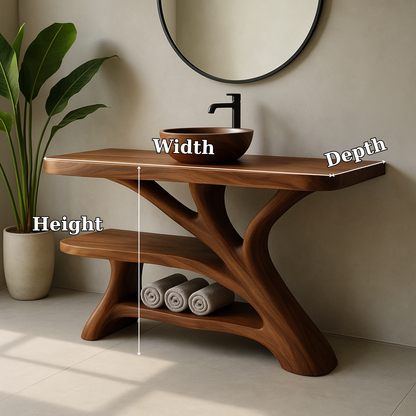 Handcrafted Solid Wood Bathroom Vanity – Modern Organic Design with Sculptural Branch Base Kitchnce