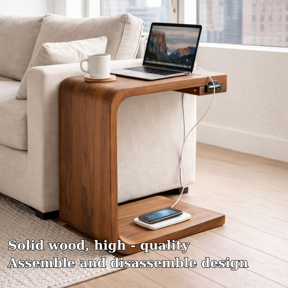 Solid Wood C-Shaped End Table with Charging Port – Modern Sofa Side Table Kitchnce