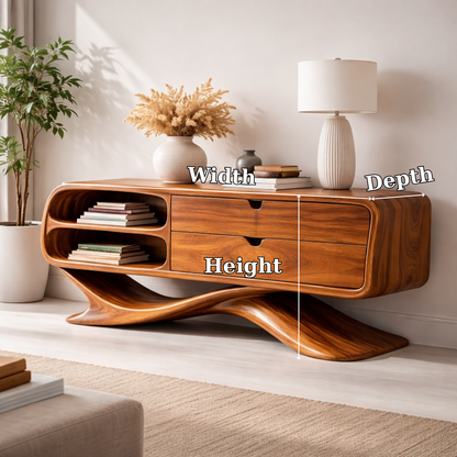 Solid Wood Sculptural Console Cabinet with Drawers & Open Shelf – Modern Curved Base