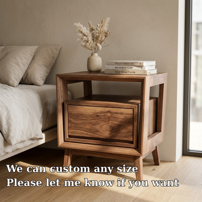 Solid Wood Nightstand - Modern Architectural Bedside Table with Floating Drawer