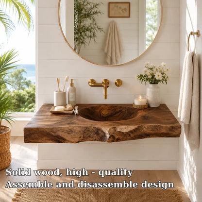 Live Edge Wood Sink Vanity | Solid Wood Floating Vanity with Carved Sink Kitchnce