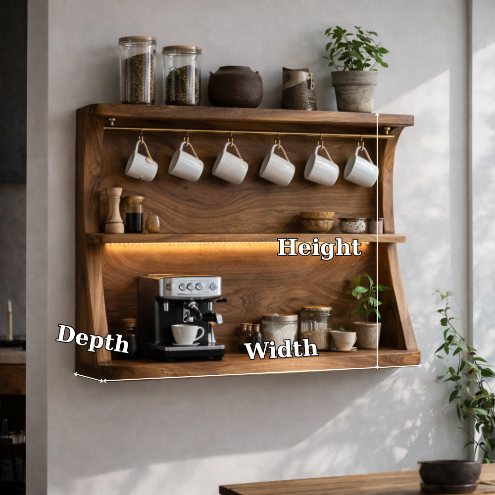 Solid Wood Floating Kitchen Cabinet with Coffee Station | Modern Kitchen Shelf
