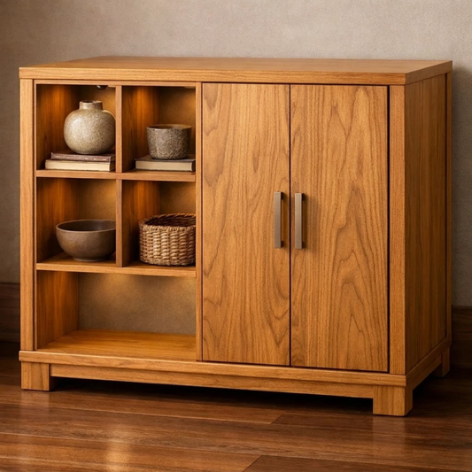 Mid-Century Modern Wood Console Cabinet with Open Shelves