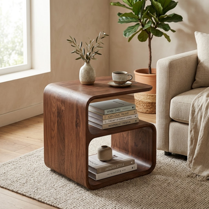 Solid Wood End Table with Open Shelf – Modern Curved Side Table