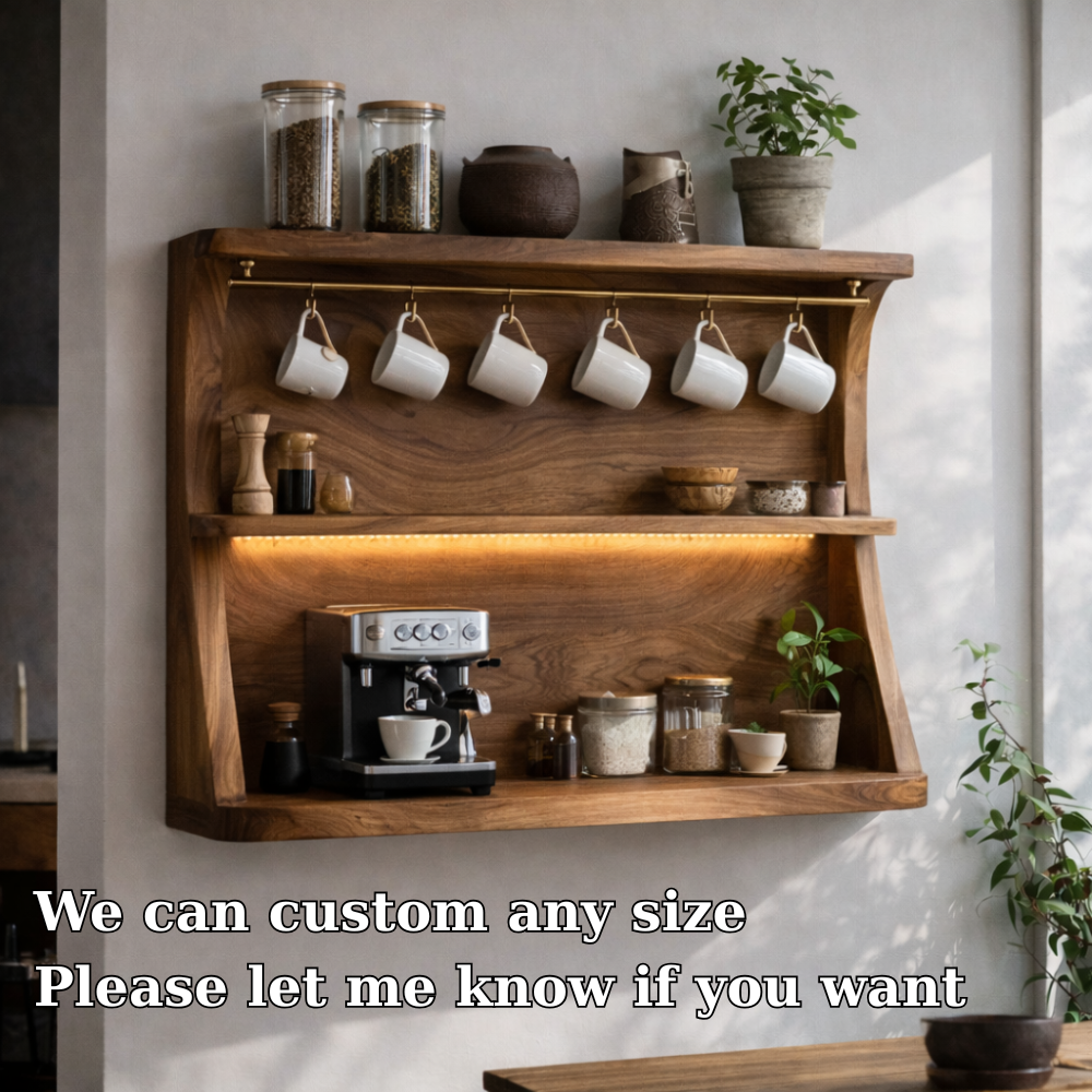 Solid Wood Floating Kitchen Cabinet with Coffee Station | Modern Kitchen Shelf