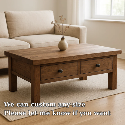Solid Wood Coffee Table with Drawers Rustic Living Room Storage Coffee Table