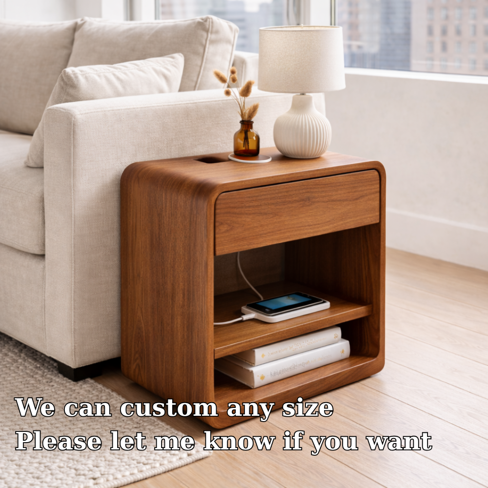 Solid Wood End Table with Drawer and Shelf – Modern Bedside Side Table with Storage Kitchnce