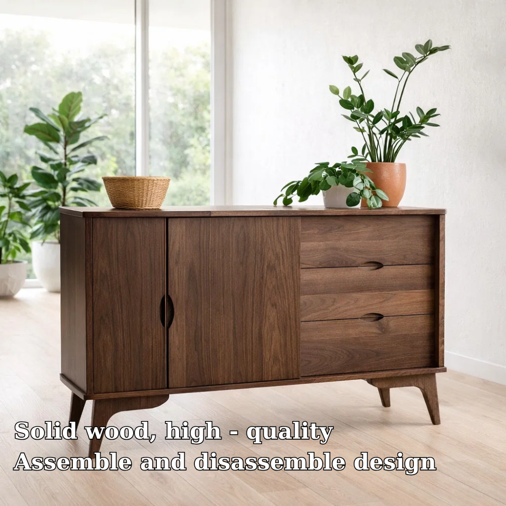 Mid Century Sideboard Cabinet with Drawers and Sliding Doors – Storage Console