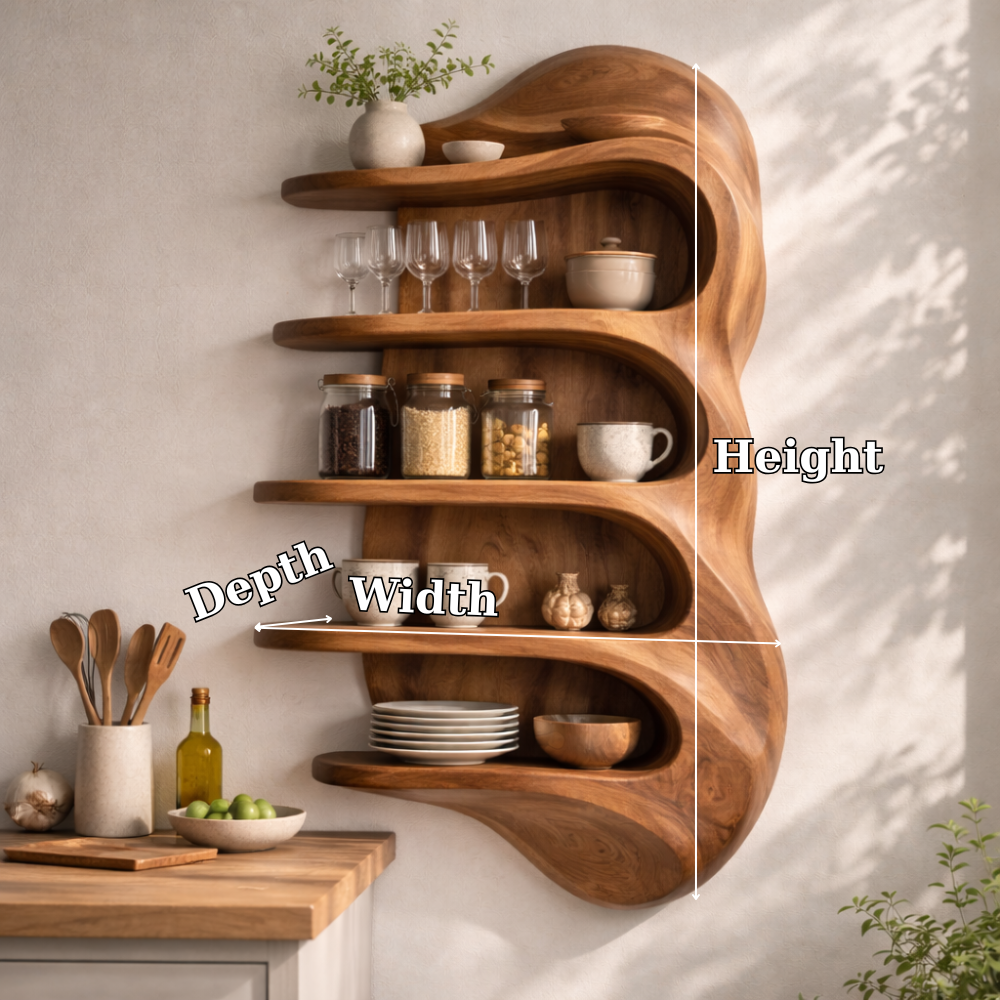 Solid Wood Curved Kitchen Cabinet Shelf – Floating Organic Wall Storage Display