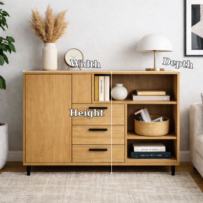 Modern Solid Wood Console Cabinet with Drawers, Door & Open Shelf Storage