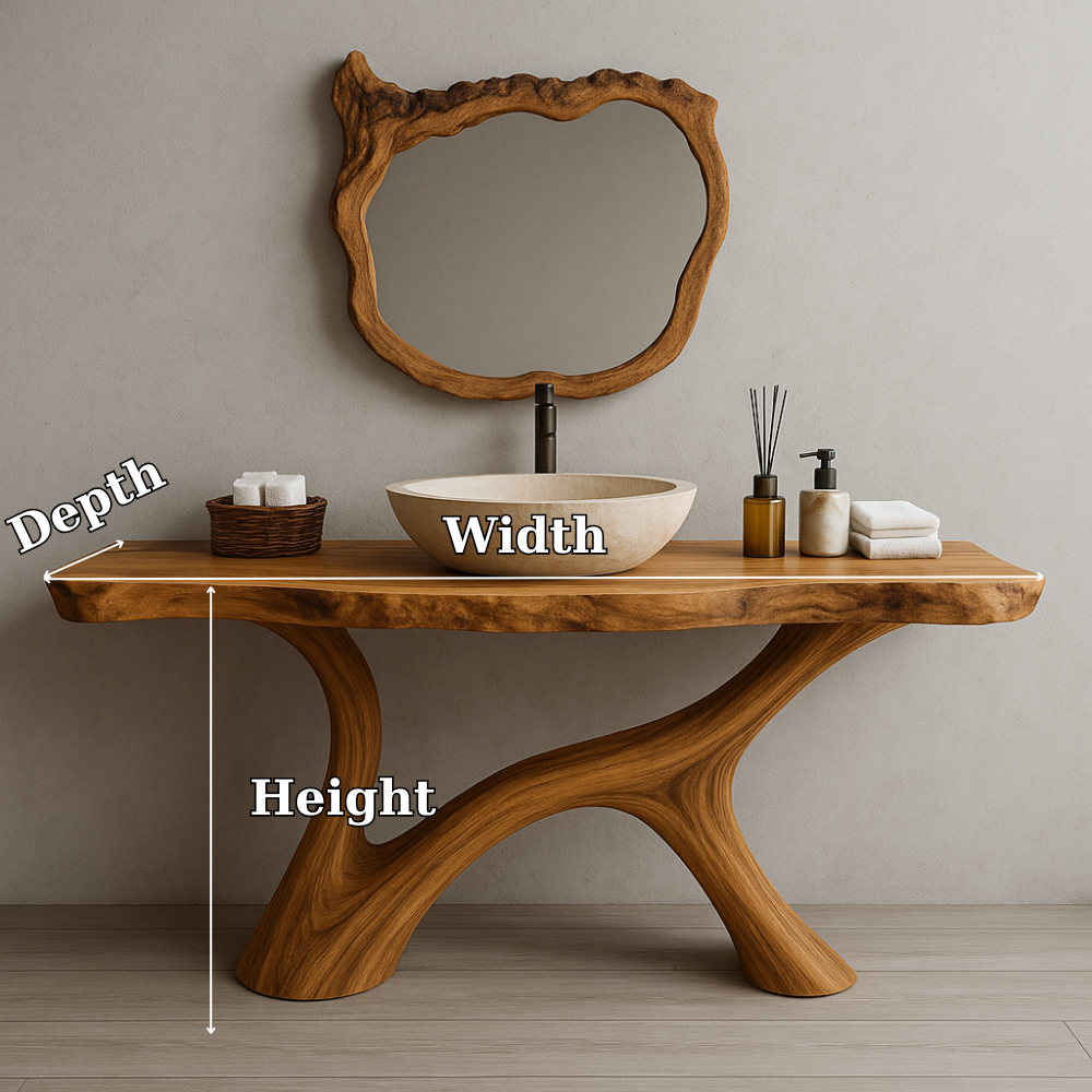 Handcrafted Solid Wood Bathroom Vanity – Organic Live Edge Design with Artistic Mirror Set Kitchnce