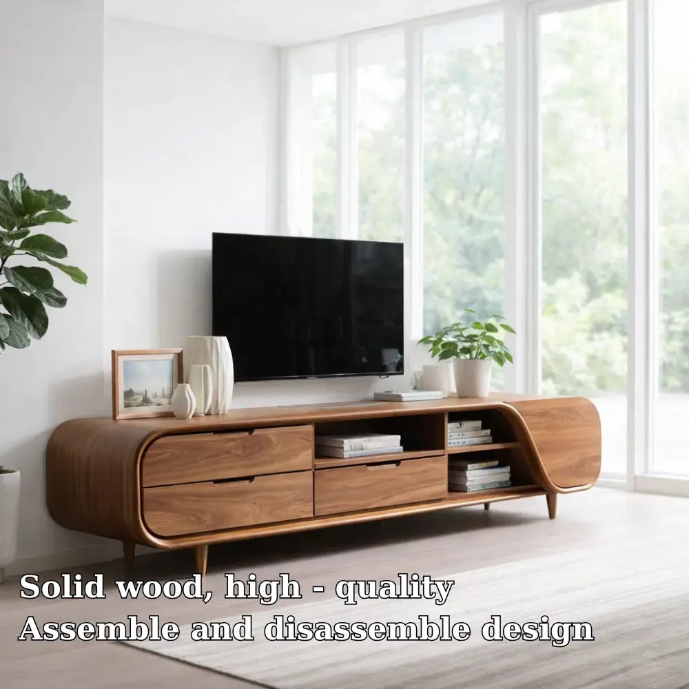 Solid Wood TV Cabinet Modern Curved Media Console with Drawers Kitchnce
