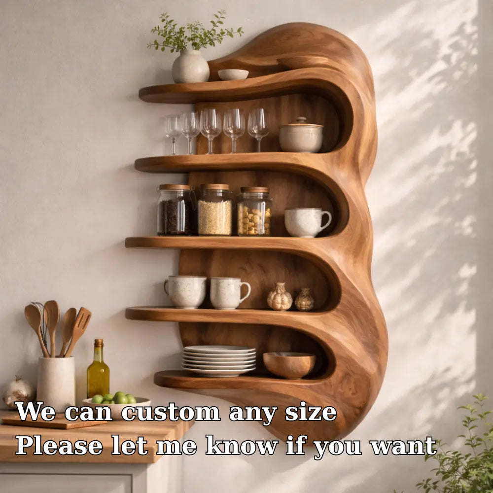 Solid Wood Curved Kitchen Cabinet Shelf – Floating Organic Wall Storage Display Kitchnce