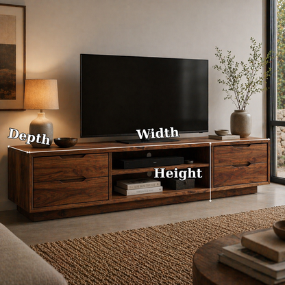 Solid Wood Media Console with Drawers, Modern Low TV Stand with Open Shelf Storage