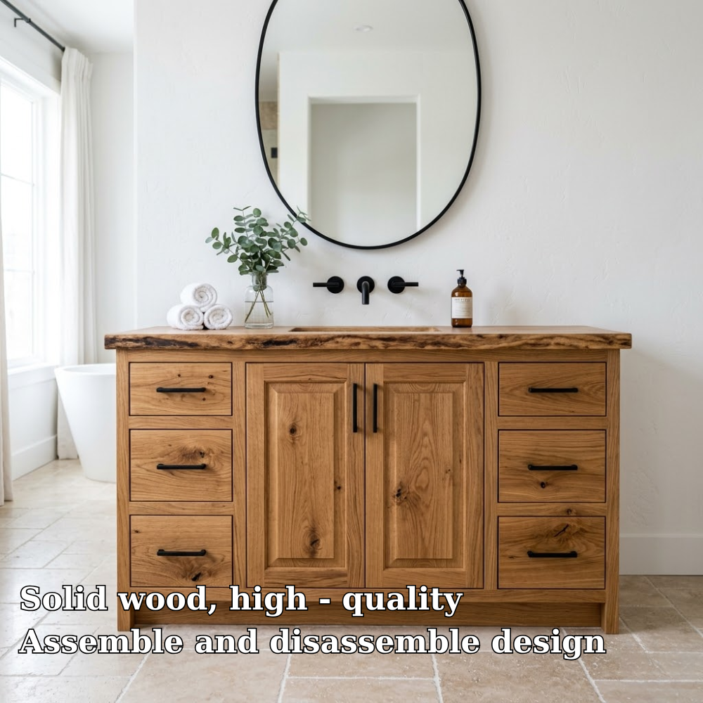 Solid Wood Bathroom Vanity with Drawers & Cabinet – Rustic Modern Storage Base