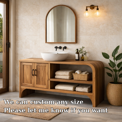 Solid Wood Bathroom Vanity Cabinet with Open Shelf and Double Doors Storage