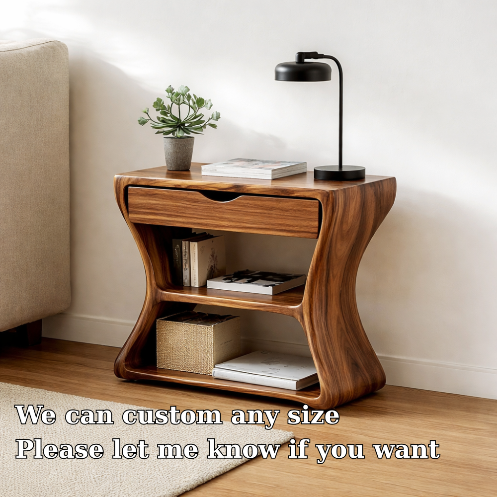 Solid Wood End Table with Drawer and Shelves – Modern Walnut Bedside Side Table Kitchnce