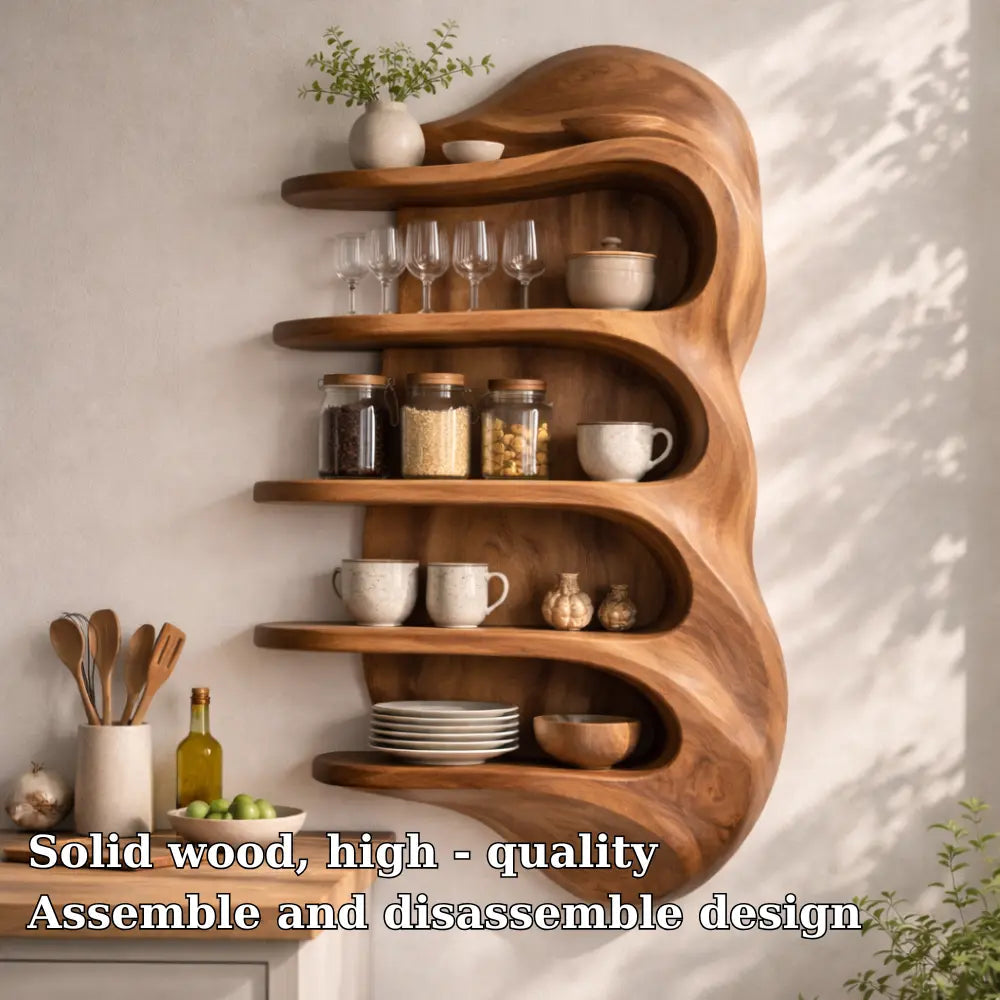 Solid Wood Curved Kitchen Cabinet Shelf – Floating Organic Wall Storage Display Kitchnce