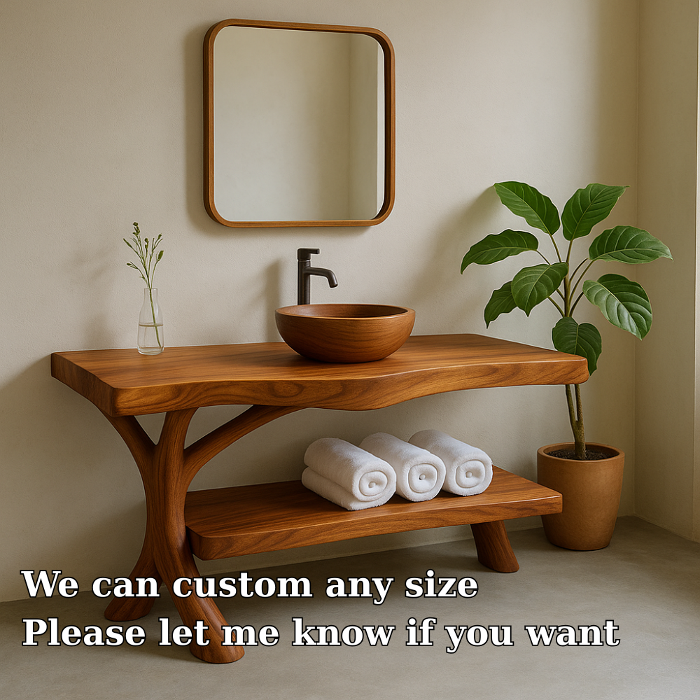 Handcrafted Solid Wood Bathroom Vanity – Organic Curved Design with Shelf for Towels Kitchnce