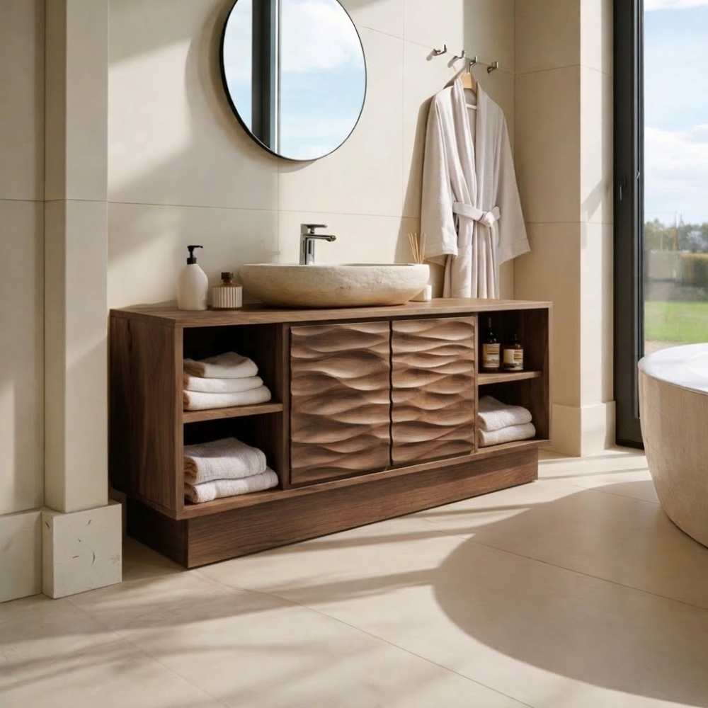 Modern Solid Wood Bathroom Vanity with Wave-Patterned Doors