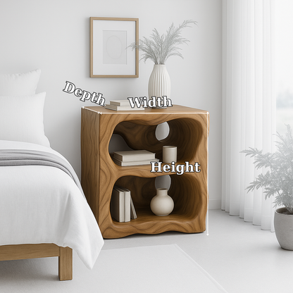 Handcrafted Solid Wood Nightstand – Organic Sculpted Bedside Table with Open Shelves Kitchnce