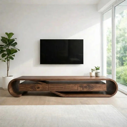 Solid Wood TV Cabinet with Curved Design – Modern Walnut Media Console Kitchnce