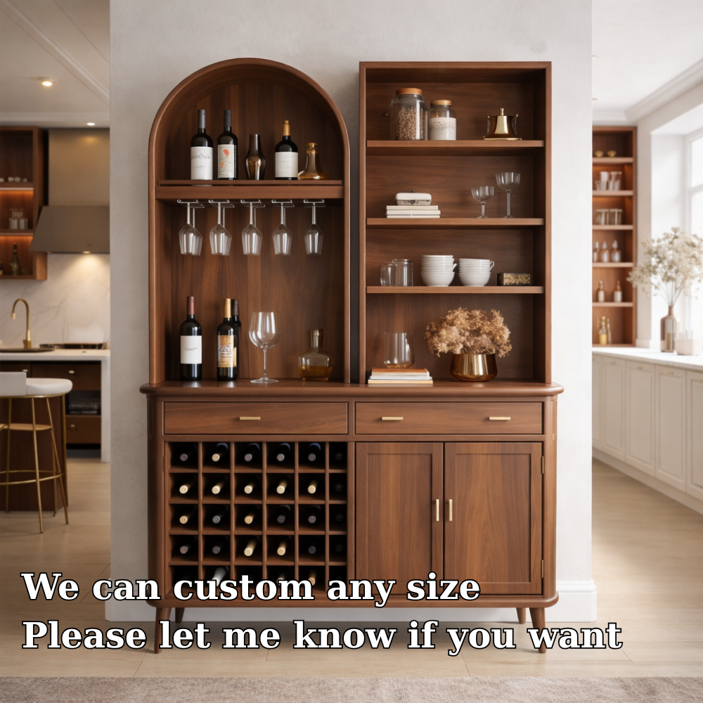 Solid Wood Bar Cabinet with Wine Rack, Arched Shelf & Open Display Storage