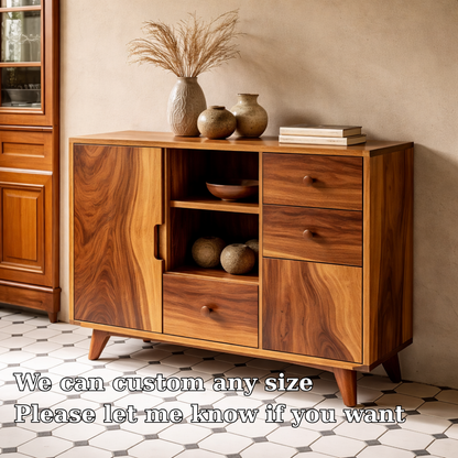 Solid Wood Console Cabinet - Mid-Century Modern Storage with Open Shelves