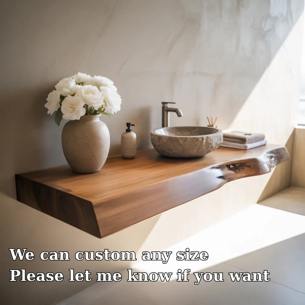 Live Edge Floating Vanity Shelf | Solid Wood Single Sink Bathroom Counter Kitchnce
