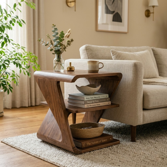 Modern Solid Wood End Table with Storage Shelves – Sculptural Side Table