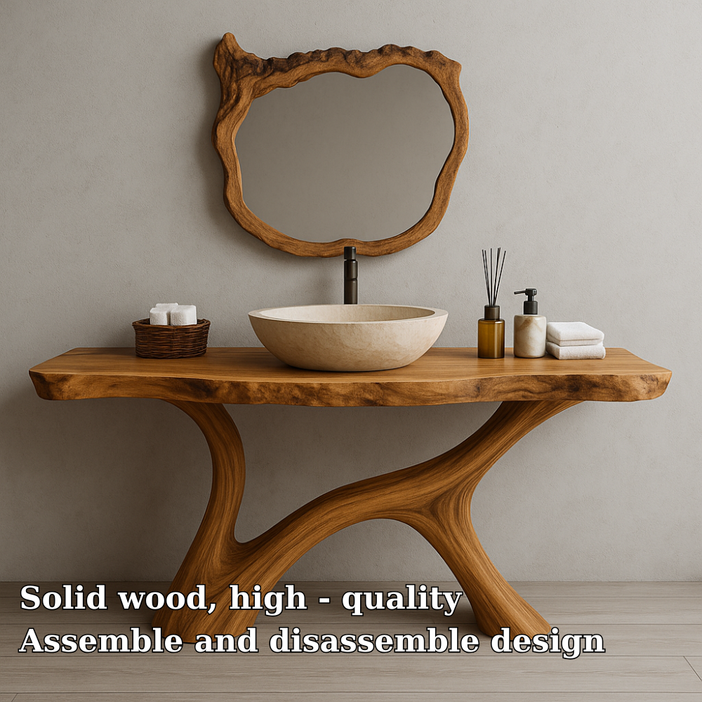 Handcrafted Solid Wood Bathroom Vanity – Organic Live Edge Design with Artistic Mirror Set Kitchnce