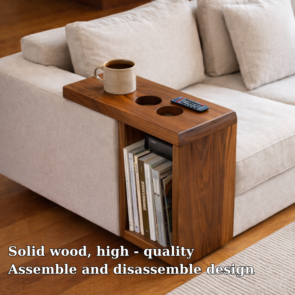 Solid Wood Sofa Armrest Table with Cup Holders – Couch Arm Tray with Storage Kitchnce