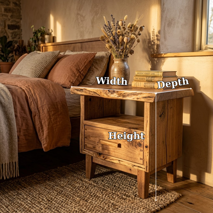 Rustic Solid Wood Nightstand with Drawer & Shelf – Farmhouse Bedside Table