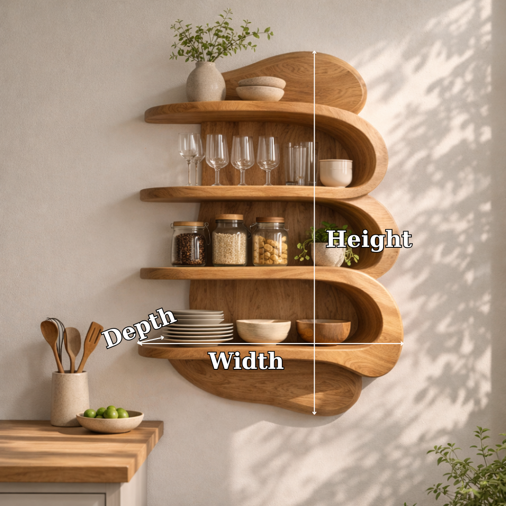 Curved Solid Wood Kitchen Cabinet Shelf – Floating Wall Storage with Organic Design