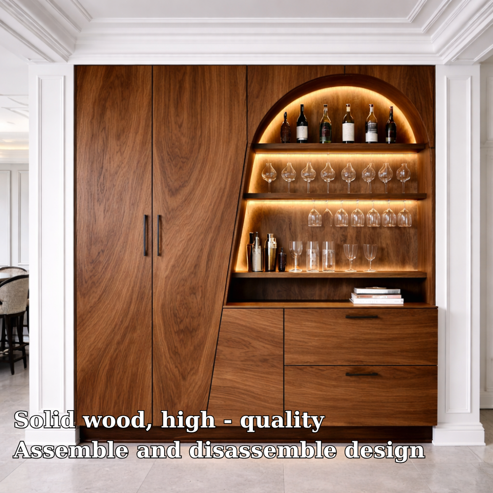 Luxury Solid Wood Bar Cabinet with LED Display Shelves & Storage – Modern Home Bar Unit