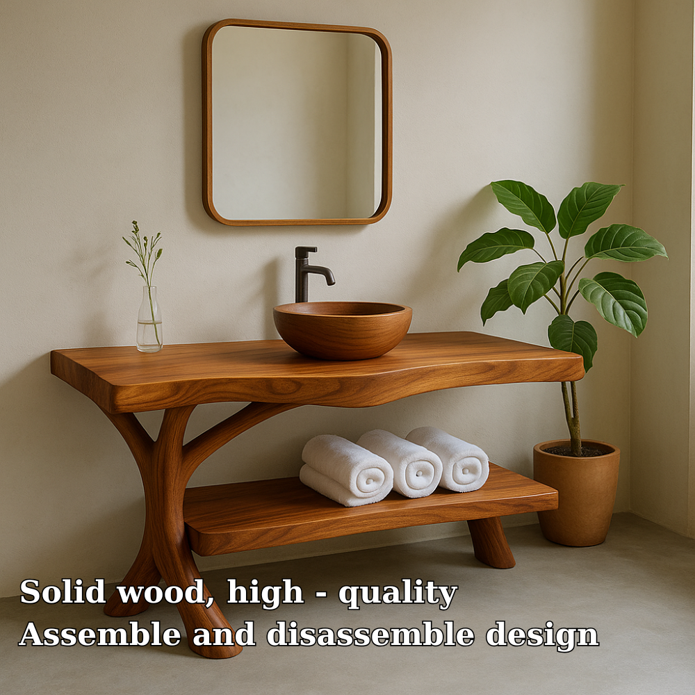 Handcrafted Solid Wood Bathroom Vanity – Organic Curved Design with Shelf for Towels Kitchnce