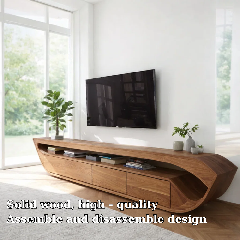 Solid Wood Media Console with Curved Ends & Drawers, Modern Low TV Stand