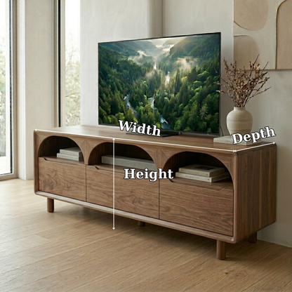 Solid Wood Media Console with Arched Shelves – Modern TV Stand Storage Unit
