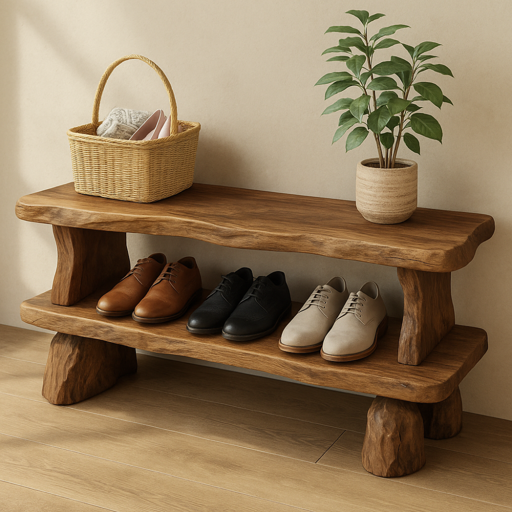 Handcrafted Solid Wood Bench with Storage Shelf – Rustic Entryway Furniture for Natural Home Decor Kitchnce