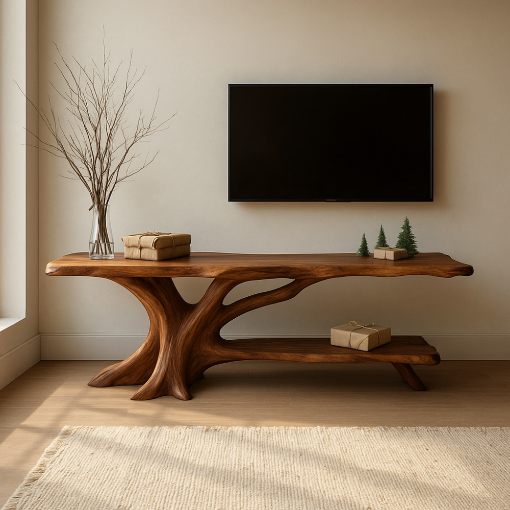 Handcrafted Solid Wood TV Stand – Organic Tree-Inspired Design for Modern Natural Living Spaces Kitchnce