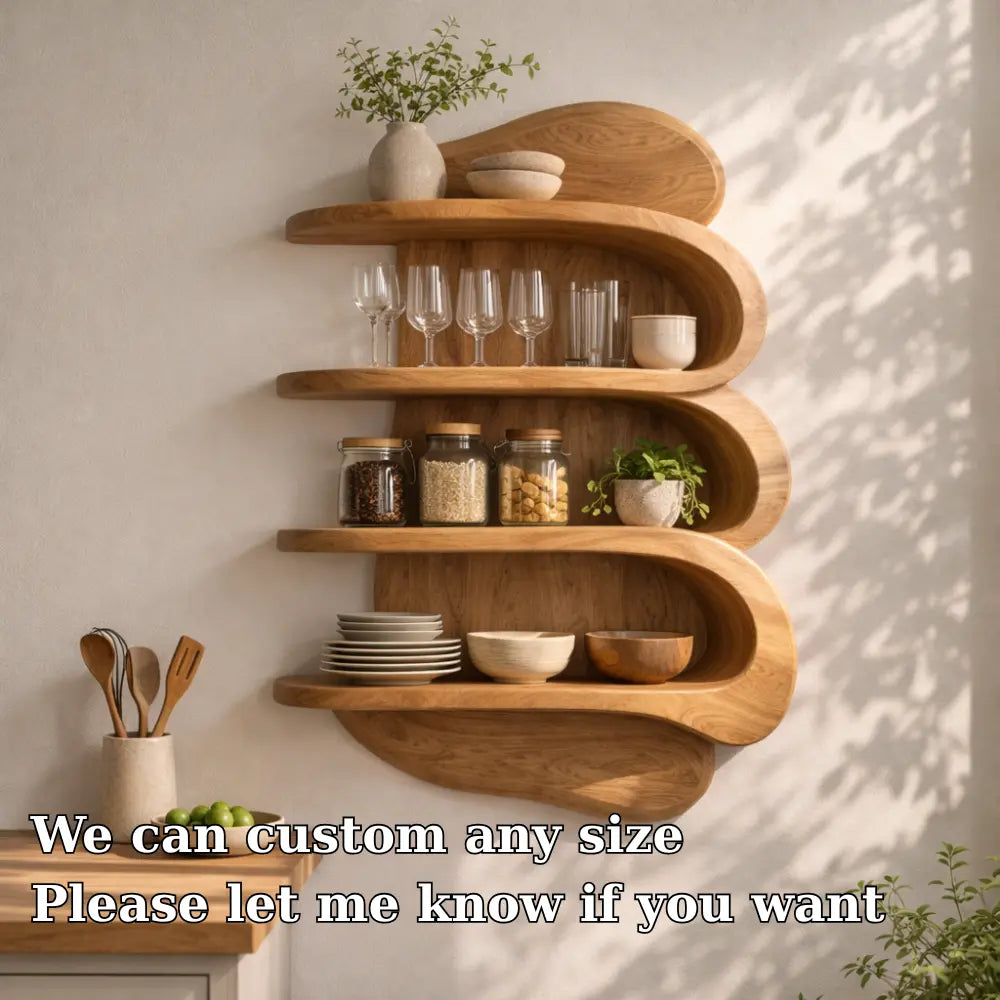 Curved Solid Wood Kitchen Cabinet Shelf – Floating Wall Storage with Organic Design Kitchnce