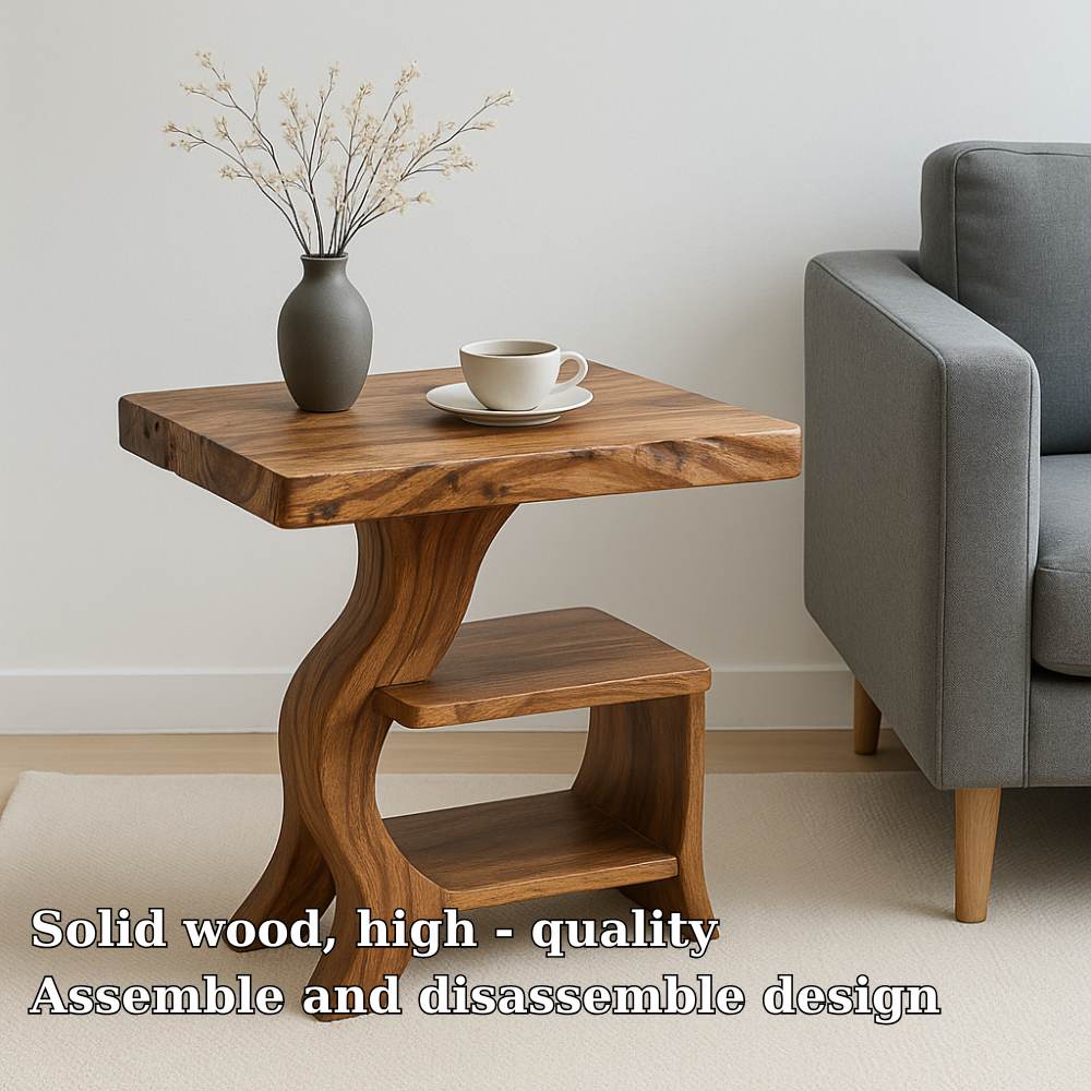 Handcrafted Solid Wood End Table – Organic Curved Design with Live-Edge Top Kitchnce