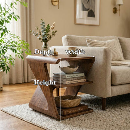 Modern Solid Wood End Table with Storage Shelves – Sculptural Side Table