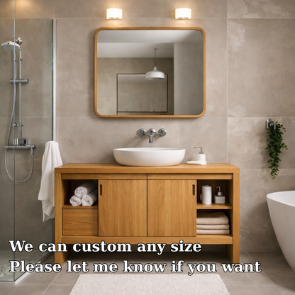 Solid Wood Bathroom Vanity Cabinet with Sliding Doors & Open Shelf Storage