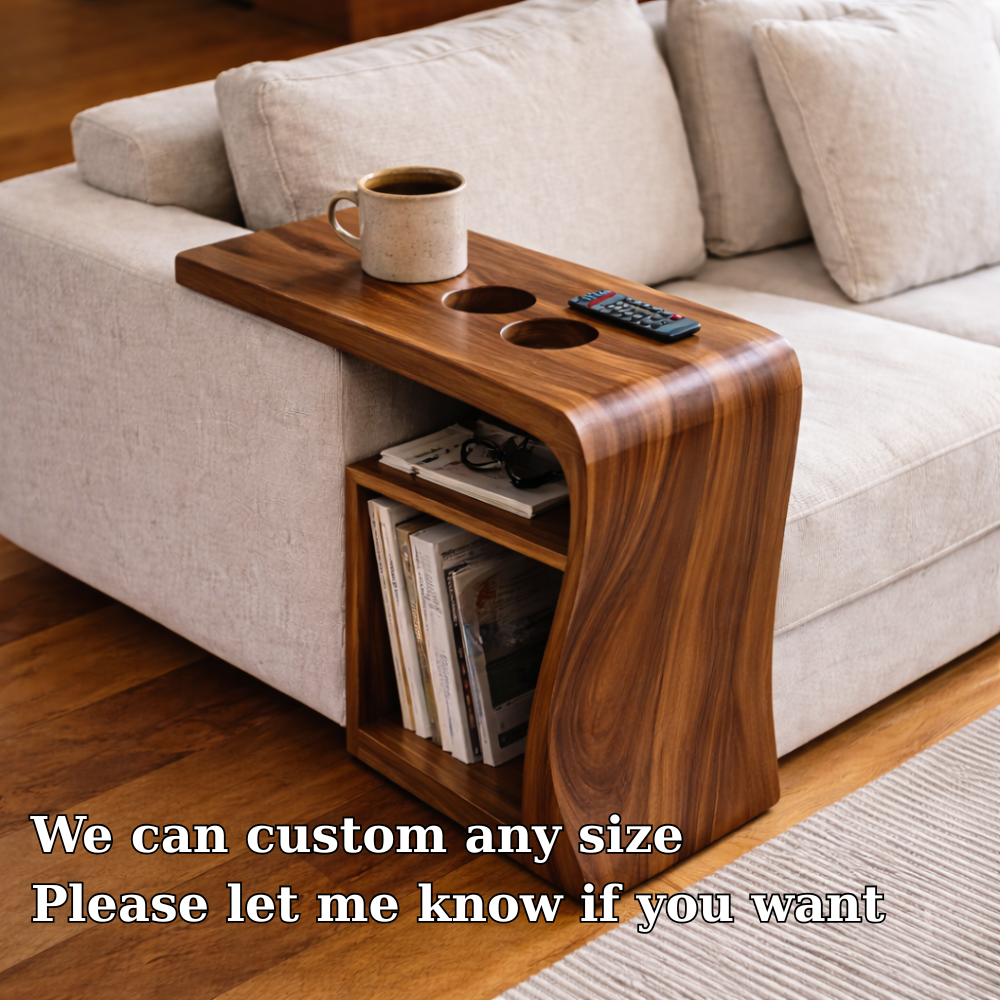 Solid Wood Sofa Armrest Table with Cup Holders and Storage – Couch Arm Tray Kitchnce