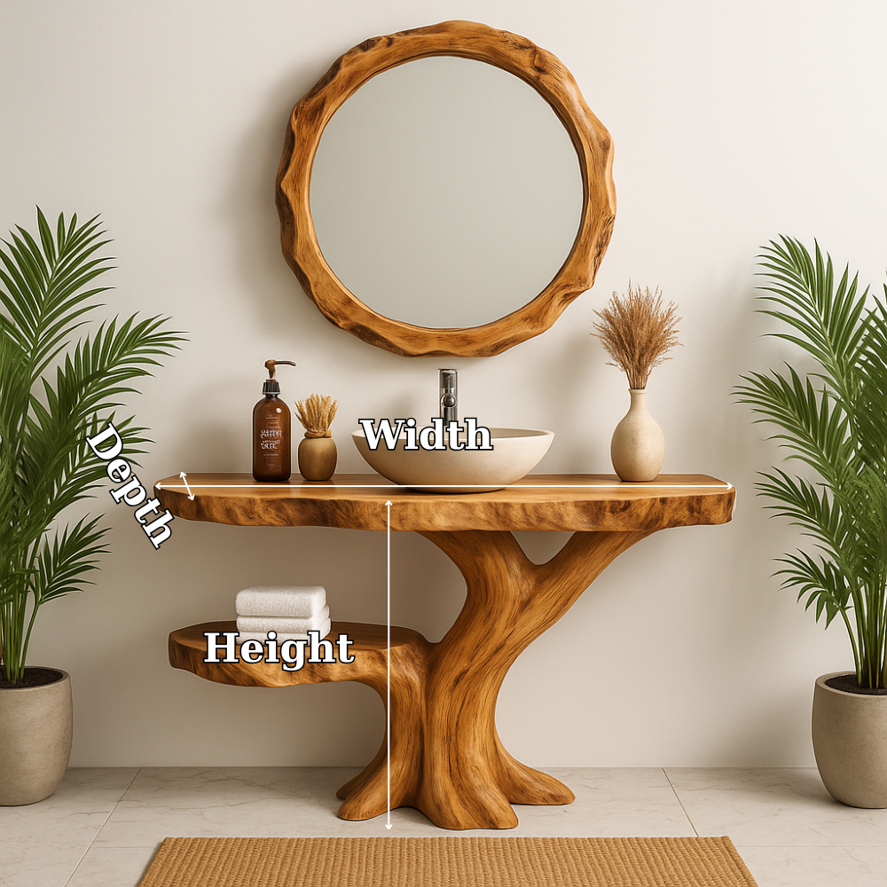 Handcrafted Solid Wood Bathroom Vanity – Organic Tree-Inspired Design with Round Mirror Kitchnce